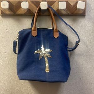 Lucky 7 Brand Gold Sequin Palm Canvas Blue Purse